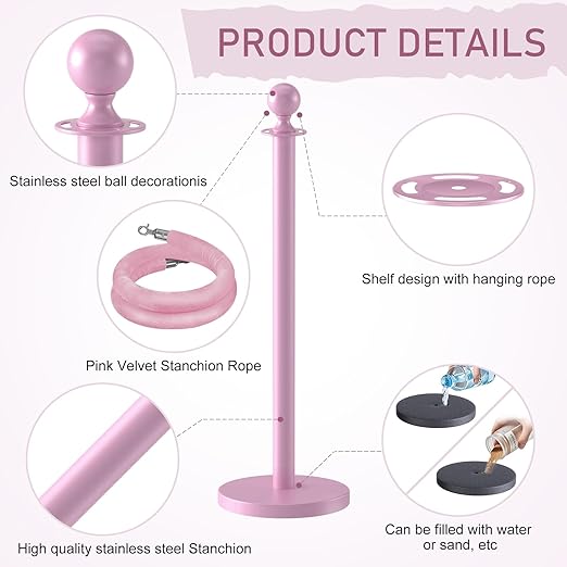 kaiyomi 6Pcs Stanchions with Pink Velvet Ropes Set, 5 Feet Velvet Ropes and - Image 4