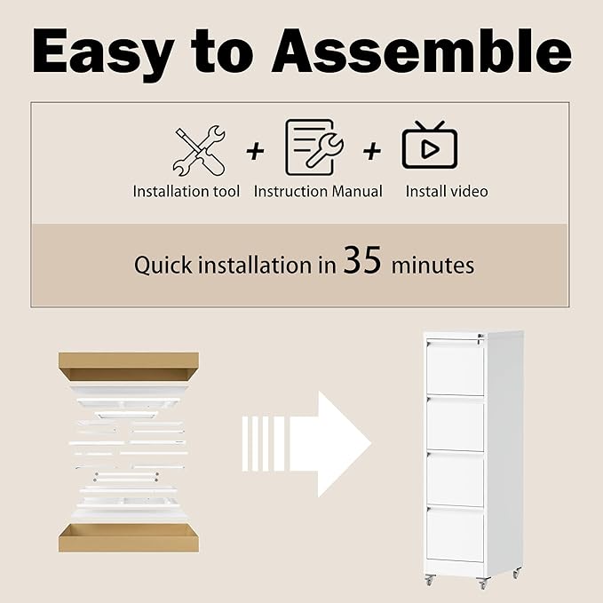 File Cabinet with Lock, 4 Drawers Filing Cabient with Wheel, Steel Vertical - Image 7