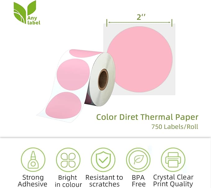 2" Pink Circle Direct Thermal Labels, Self-Adhesive Round Direct Thermal - Image 2