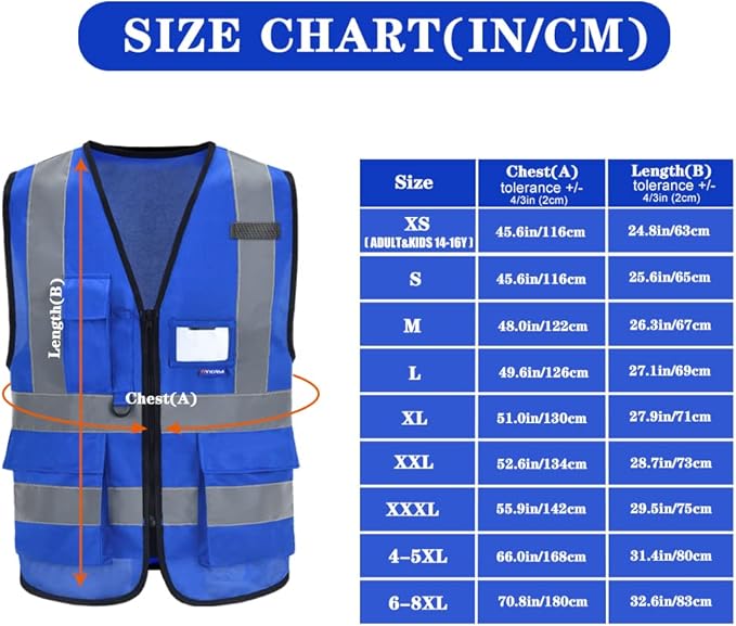 A-SAFETY XSmall Blue Safety Vest Reflective Work Vest, Hi Vis vest 7 Pockets - Image 2