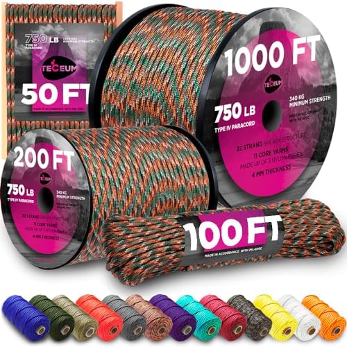 Paracord Rope 550 lb 4mm – Parachute Cord – Utility Camping Rope by TECEUM