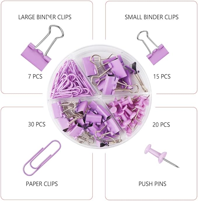 Purple Binder Clips and Paper Clips Push Pins Tacks Sets, Total 72 PCS Assorted - Image 2