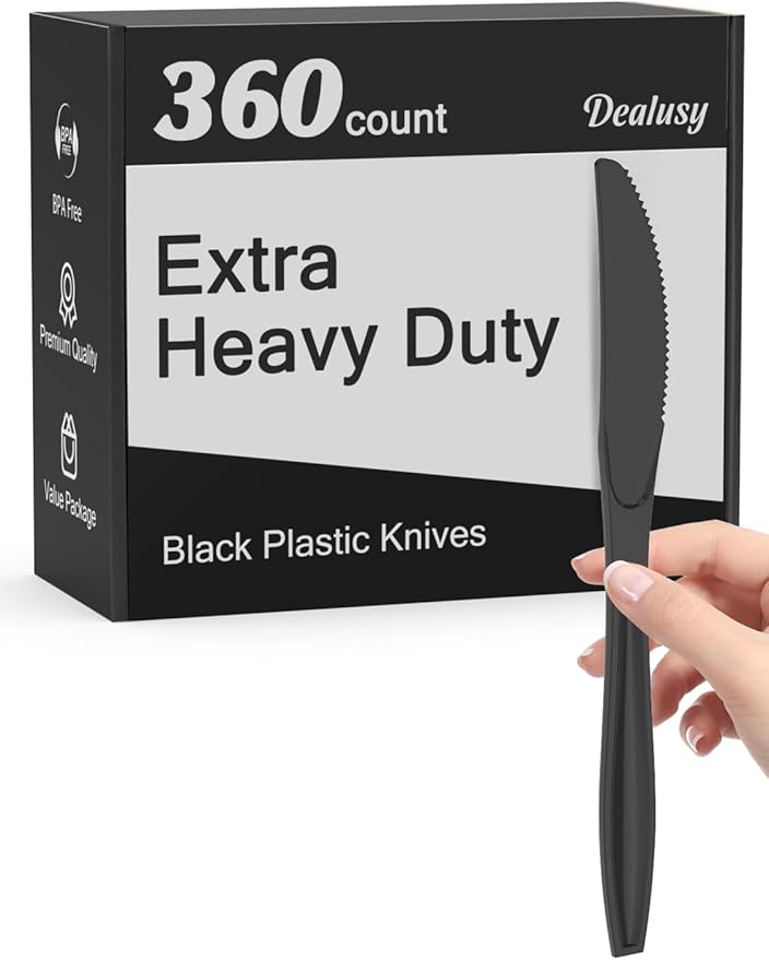 360 Count Extra Heavy Duty Black Plastic Knives Disposable, Heat Resistant by Dealusy