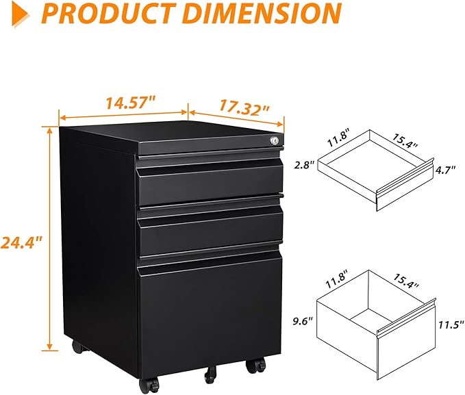 3 Drawer File Cabinet with Wheels, Metal Filing Cabinet with Lock, Office - Image 3