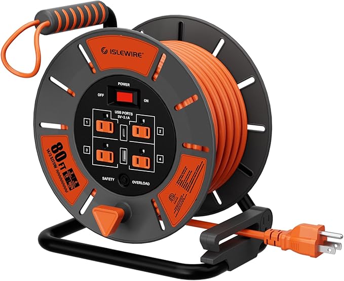 Retractable Extension Cord Reel 80 FT, 14AWG SJTOW Heavy Duty Power Cord by ISLEWIRE