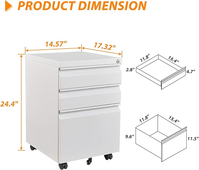 3 Drawer File Cabinet with Wheels, Metal Filing Cabinet with Lock, Office - Image 3