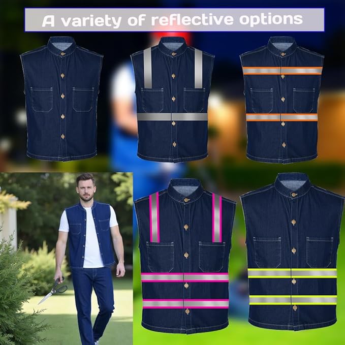 YOWESHOP Men's Reflective Safety Denim Vest，Custom Safety Outdoor Denim Work - Image 4