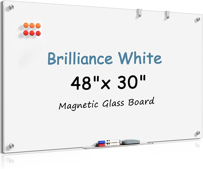 MaxGear Glass White Boards 48x30 Inches, Briliance White Wall Mounted Magnetic by MaxGear