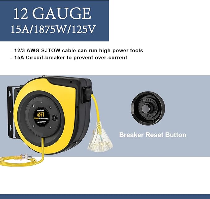 Retractable Extension Cord Reel, 65 Feet 12 AWG/3C SJTOW Heavy Duty Power Cord - Image 6