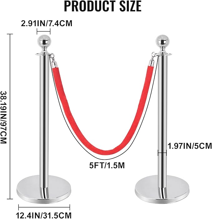 6PCS Stainless Steel Stanchions Post w/ 4 Red Velvet 5ft Carpet Ropes - Image 3