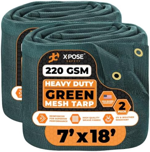 Xpose Safety Heavy Duty Green Mesh Tarp 7' x 18' (2-Pack) – 70% Sunblock Shade Cloth with Grommets for Garden, Fence, Privacy Screen, Canopies, Dump Trucks, Pool Cover – Tear & Weather Resistant by XposeSafety