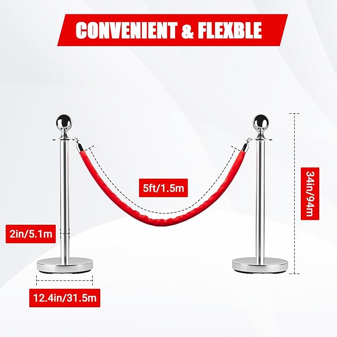 4Pcs Stanchions and Cords Silver Stainless Steel Crowd Control Barriers - Image 7