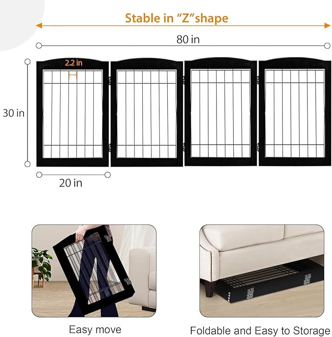 LZRS 4-Panel Freestanding Wooden Dog Gate—Extra Wide 30” Tall Foldable Pet - Image 3