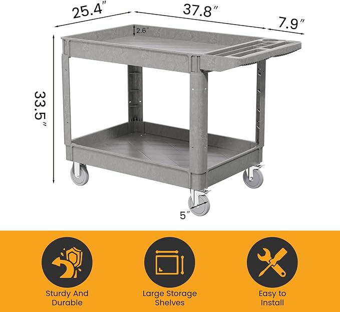 2-Tier Rolling Tool Cart, Heavy-Duty Plastic Service Cart - Image 5