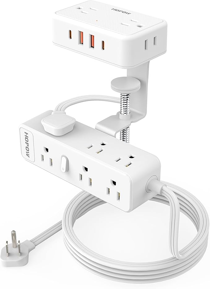 Dual Layer Desk Clamp Power Strip（White）, Desktop Edge Mount Charging Station by HOPOW