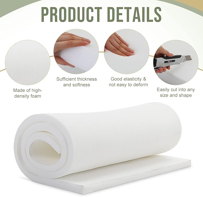 Frienda 2 Pcs Upholstery Foam 1" x 24" x 72" High Density Cushion White - Image 5