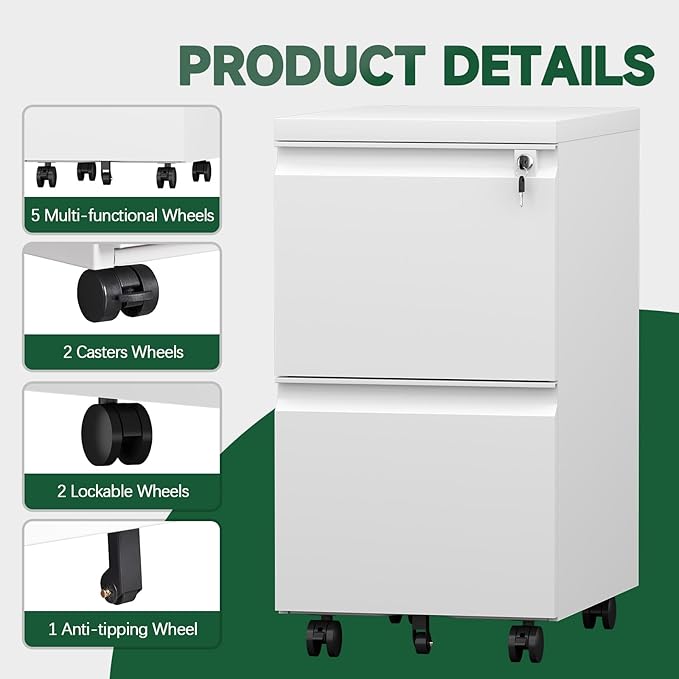 2 Drawer File Cabinet on Wheels, Under Desk Metal File Cabinet - Image 6