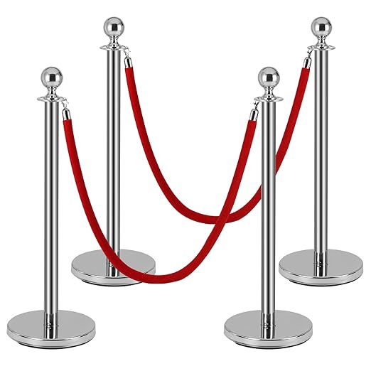 4 Pack Silver Stanchion Posts, Stanchions and Velvet Ropes, Queue Barrier Line by Berverra