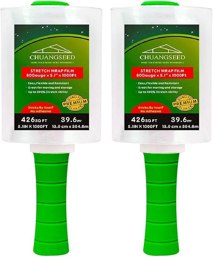 2-Pack Industrial Mini Clear Stretch Wrap Film 80 Gauge 5.1" 1000ft by CHUANGSEED