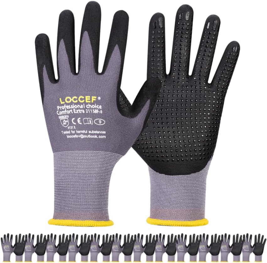 LOCCEF Work Gloves MicroFoam Nitrile Coated-6 Pairs,Endurance Seamless Knit Nylon,Dots on palm,Tacky Dot Grip Gloves by LOCCEF