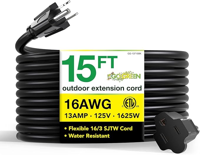 Go Green Power Inc. 16/3 SJTW Outdoor Extension Cord, 15 ft by PowerByGoGreen