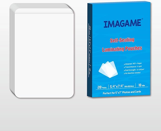 Self-Sealing Laminating Pouches, 5.4" x 7.4'', 20 Pack, Easy-to-Use, No Machine by IMAGAME