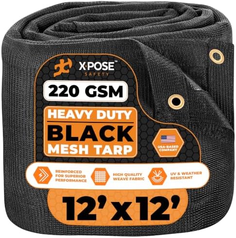 Xpose Safety Heavy Duty Mesh Tarp – 12’ x 12’ Multipurpose Black Protective Cover with Air Flow - Use for Tie Downs, Shade, Fences, Canopies, Dump Trucks – Tear Resistant by XposeSafety