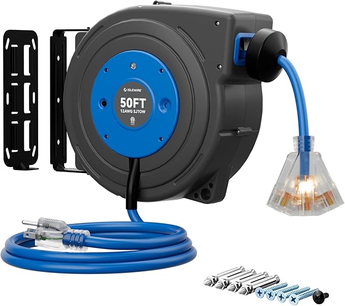 50 FT Retractable Extension Cord Reel, Heavy Duty 12AWG/3C SJTOW Power Cord by ISLEWIRE