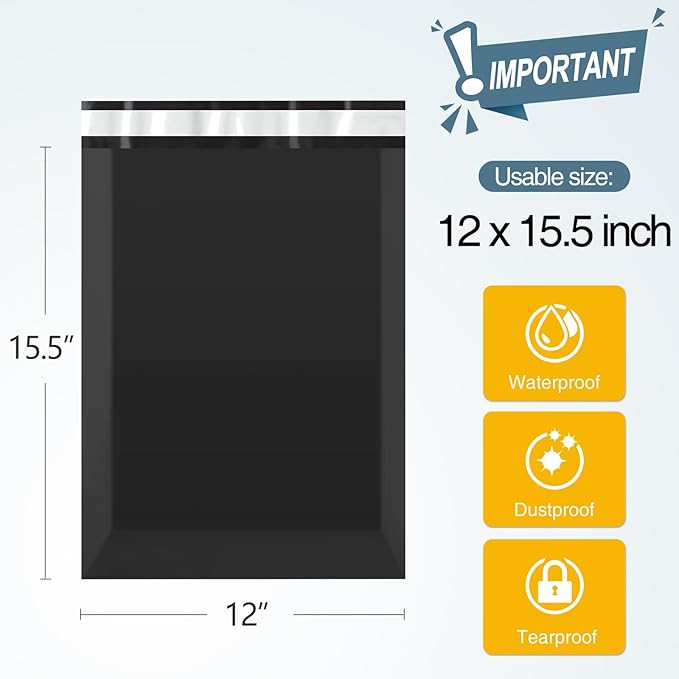 Famagic 200pcs Poly Mailers 12x15.5 Inch Shipping Bags Black Shipping Envelopes - Image 2