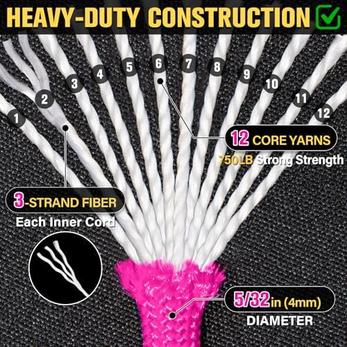 Paracord Rope 750 lb - 100ft 5/32" Parachute Cord 4MM 12-Strand para Cord - Heavy Duty Spool String for Survival,Camping Gear, Survival Bracelet, Clothesline - Rose Pink - Image 3