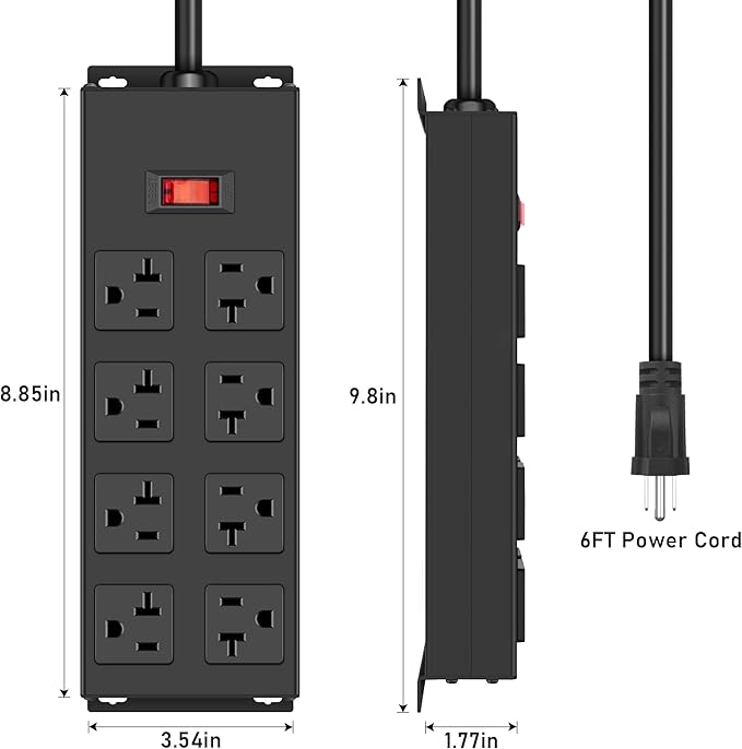 JUNNUJ Heavy Duty 20 Amp Power Strip, Garage 8 Outlets Metal 12 Gauge Surge - Image 2