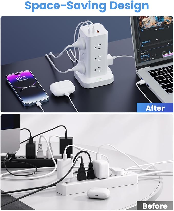 Power Strip Tower with Surge Protector 1800J, Fast Charging Tower PD20W USB-C - Image 7