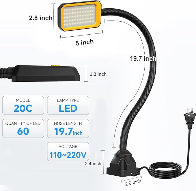20" LED Gooseneck Work Light 1500LM, Adjustable Machine Lamp w/Screw Mount Base - Image 4
