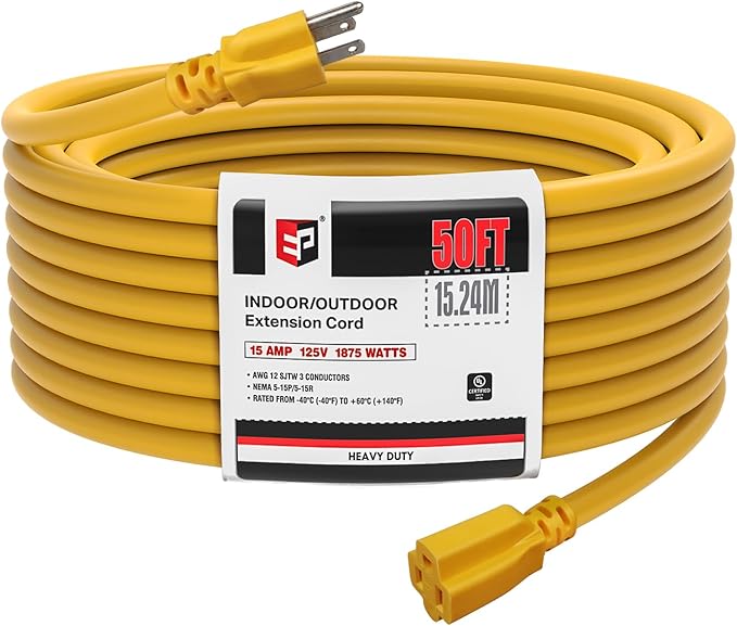 EP 50 Ft Outdoor Extension Cord, 12/3 SJTW Heavy Duty Extension Cable by ENERGYPRO