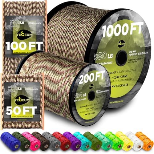 Paracord Rope 550 lb 4mm – Parachute Cord – Utility Camping Rope by TECEUM