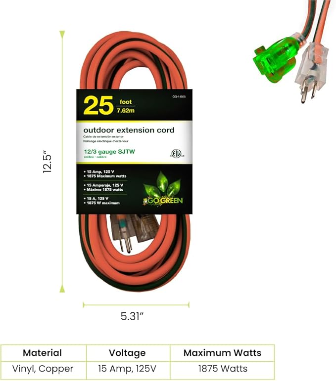 Go Green Power Inc. 12/3 SJTW Outdoor Extension Cord, Lighted End, 25 ft - Image 2