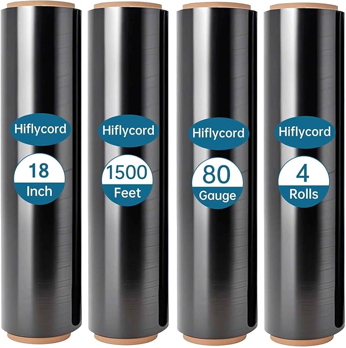 Black Plastic Shrink Wrap Roll, 18 Inch 1500 Feet Stretch Film, 80 Gauge by Hiflycord