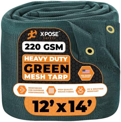 Xpose Safety Heavy Duty Green Mesh Tarp 12' x 14' – 70% Sunblock Shade Cloth with Grommets for Garden, Fence, Privacy Screen, Canopies, Dump Trucks, Pool Cover – Tear & Weather Resistant by XposeSafety