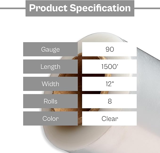 PSBM Stretch Wrap, 8 Pack, 12 Inch x 1500 Feet, 90 Gauge, Cast Hand Stretch - Image 2