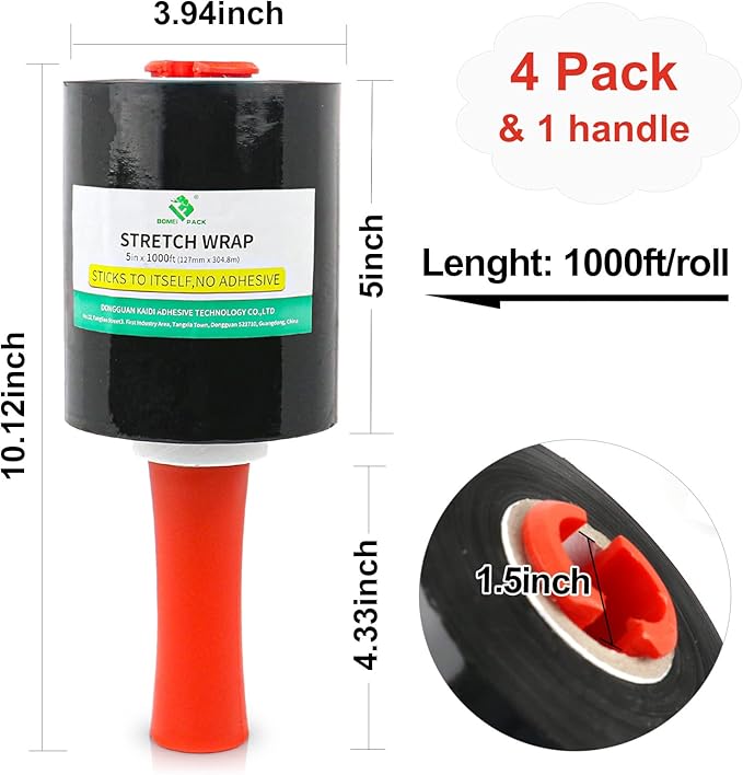 BOMEI PACK Mini Black Industrial Stretch Wrap Film 5" x 1000ft Roll - Image 3