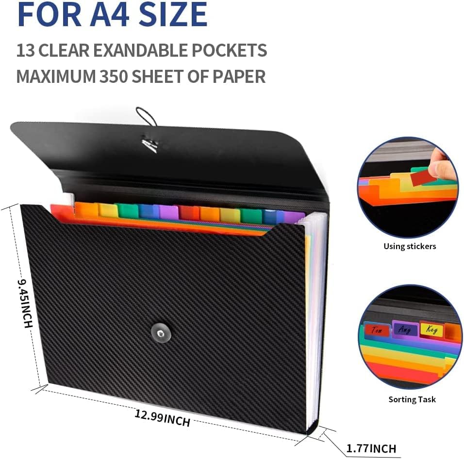 3Pcs Expanding File Folder, 13 Pockets Accordion File Holder Organizer, A4 Letter Size Paper Document Receipt Organizer Accordian Filing Folder for Classroom, Home, Office and Travel - Image 3