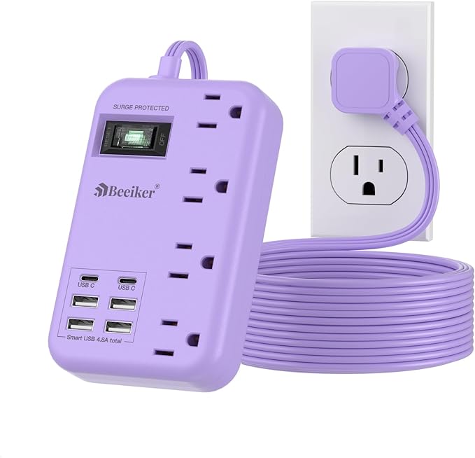 6 USB Purple Surge Protector Power Strip- 10 Ft Purple Extension Cord by Beeiker-BetterHelperforYou