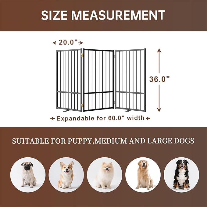 3 Panels Full Metal Freestanding Dog Gates, 60” W x 36” H Folding Pet Gate Fence - Image 2