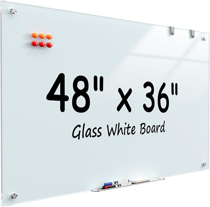 MaxGear Glass Whiteboard 48x36 Inches Wall Mounted, Magnetic White Board by MaxGear
