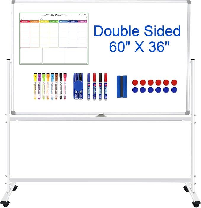 Large Rolling White Boards 60X36, Double-Sided Mobile Magnetic Whiteboard on by CALENBO