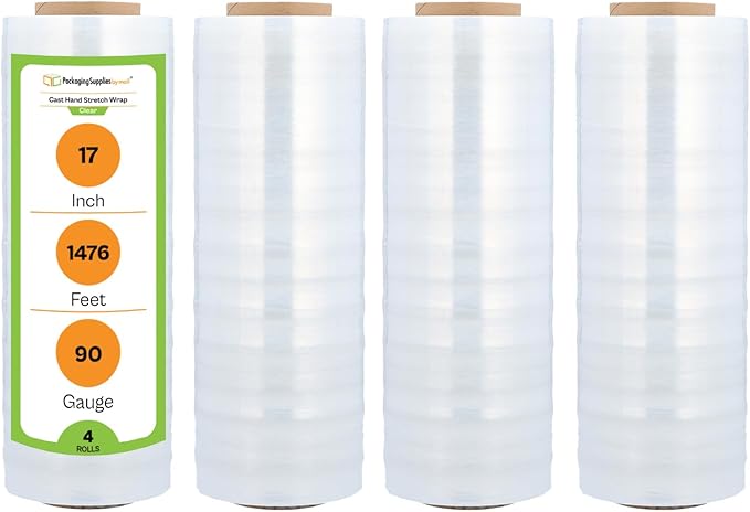PSBM Stretch Wrap, 4 Pack, 17 Inch x 1476 Feet, 83 Gauge, Cast Hand Stretch by PackagingSuppliesbymail