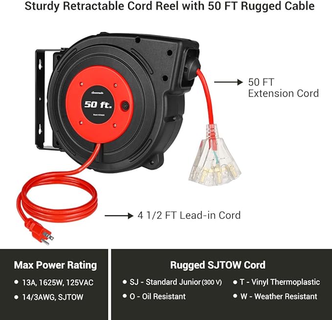 DEWENWILS Retractable Extension Cord Reel, 50FT Power Cord Reel - Image 2