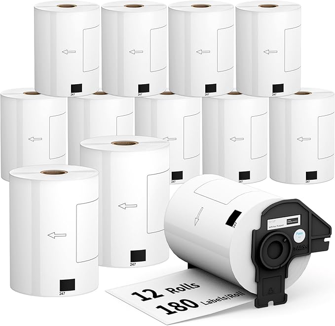 12 Rolls 2160 Labels for Brother DK 1247, 4.07"x6.4" Compatible Die-Cut Wide by Tacnology