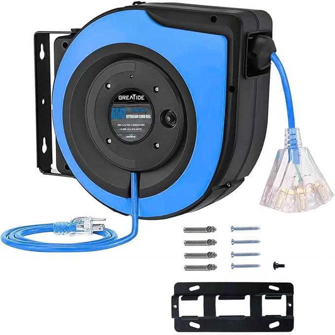 Retractable Extension Cord Reel, 65 Feet 12 AWG/3C SJTOW Heavy Duty Power Cord by GREATIDE