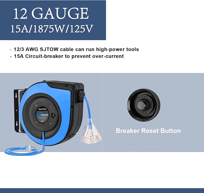 Retractable Extension Cord Reel, 65 Feet 12 AWG/3C SJTOW Heavy Duty Power Cord - Image 6